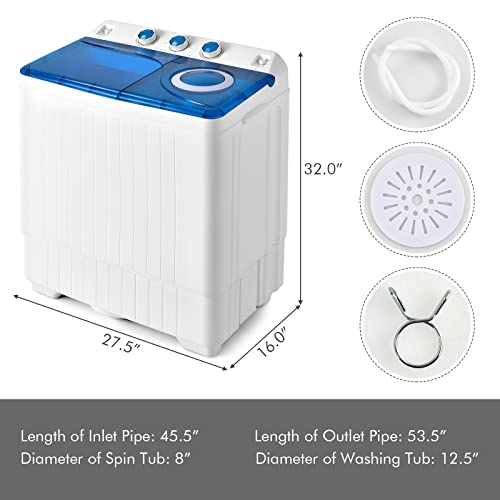 COSTWAY Portable Washing Machine, Twin Tub 26lbs Capacity Laundry Washer, 18lbs Washer and 8lbs Spinner Combo with Timer Knobs, Built-in Drain Pump