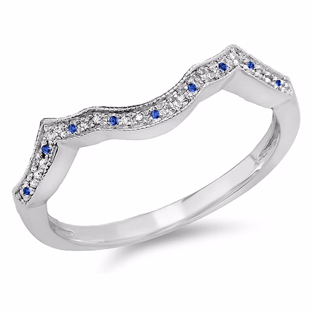 Dazzlingrock Collection 14K Round Real Blue Sapphire & White Diamond Ladies Wedding Stackable Guard Band, White Gold, Size 10