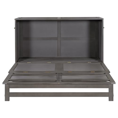 Harper & Bright Designs Queen Size Murphy Bed Cabinet, Solid Pine Wall Bed Chest with USB