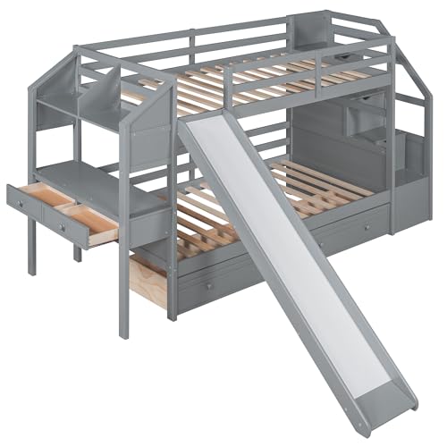 Harper & Bright Designs Bunk Beds Twin Over Full Size, Bunk Bed with Trundle,Storage Shelf and Stairway