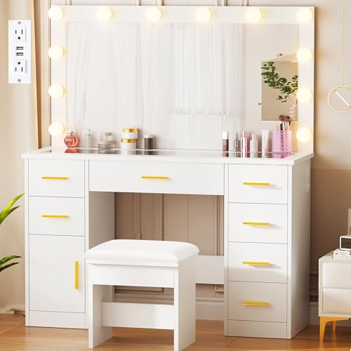 ANWBROAD Large Vanity Desk with Lighted Mirror White Makeup Vanity Set with Glass Top & Power Outlet & 7 Drawers Storage 3 Color Lighting Modes