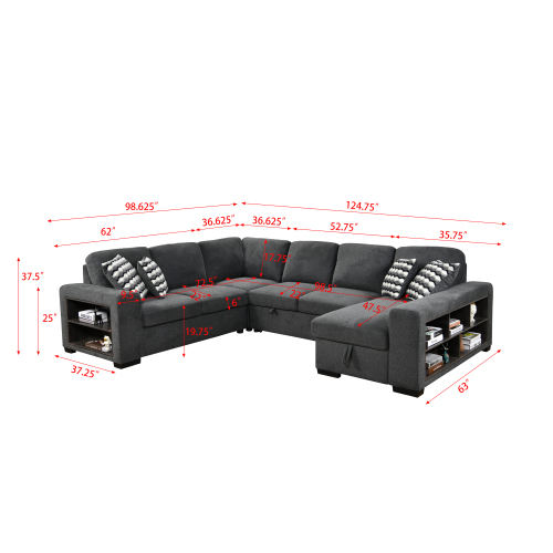Dolonm 125'' Sleeper Sofa with Pull Out Bed and Storage Chaise Ottoman, U Shaped Sectional Couch with Adjustable Headrest and Stools for Living Room