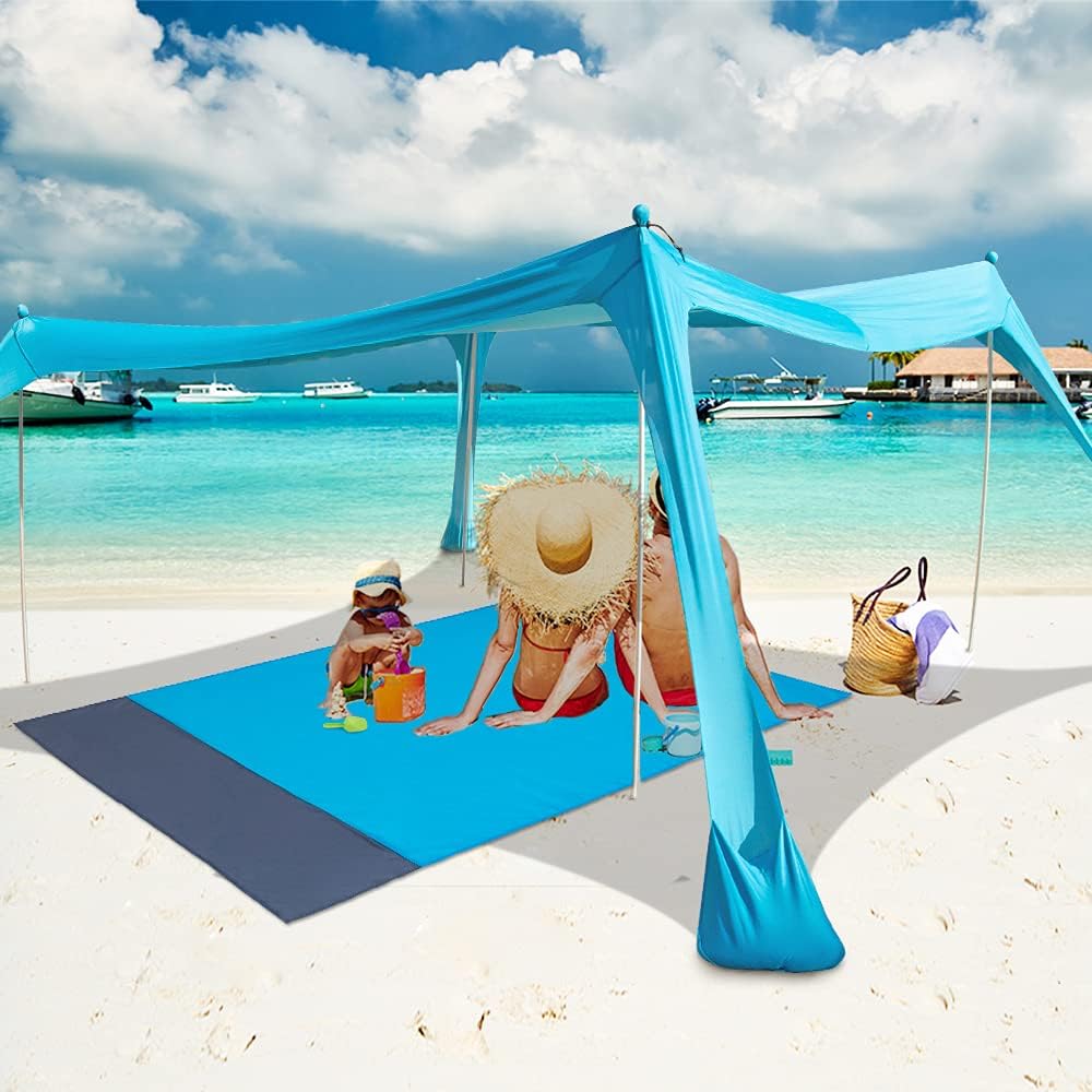 Family Beach Tent with 4 Aluminum Poles, 10x10 FT, with A Gift Floor Mat, UPF50+ Portable Sun Shelter with Reinforced Corners