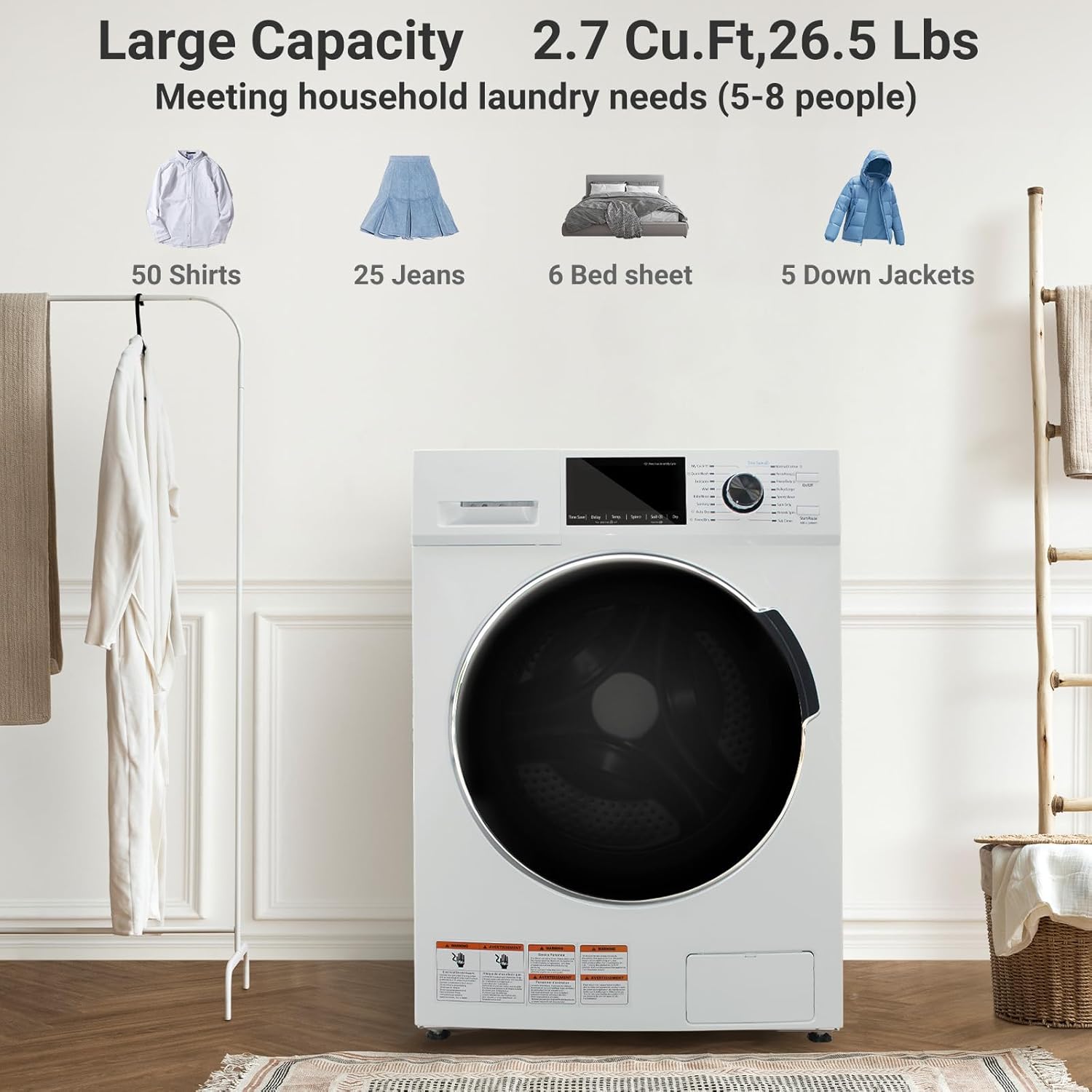 24" All-in-One Washer and Dryer Combo, 2.7 Cu.Ft Front Load Ventless Washer Dryer with 26.5 Lbs Loading Capacity, Compact Size, LED Display