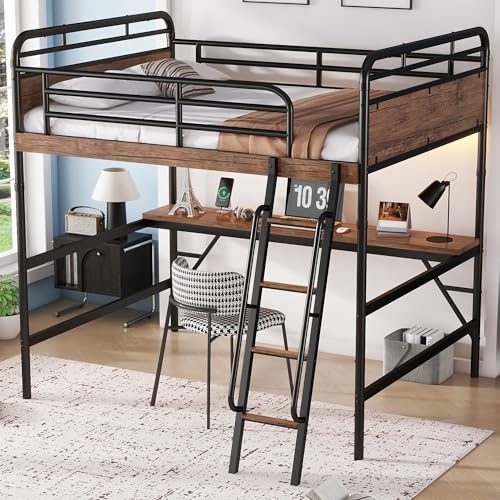 Full Size Loft Bed with Desk and Stairs, Heavy-Duty Steel Loft Bed Frame with Wardrobe & LED Light