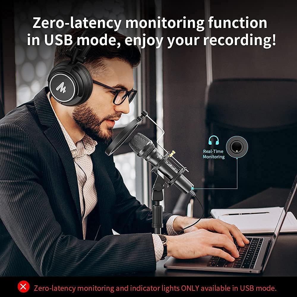 USB/XLR Instrument Dynamic Microphone, MAONO Metal Professional Zero-Latency Monitoring Vocal Mic with Volume Control, Shock Mount and Pop Filter