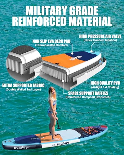 Highpi Inflatable Stand Up Paddle Board Premium SUP Accessories, Backpack, Wide Stance, Surf Control, Non-Slip Deck, Leash, Paddle and Pump