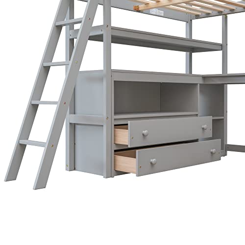 Harper & Bright Designs Twin Size Loft Bed with Wardrobe, Desk and Multiple Storage Shelves, Solid Wood Loft Bed Frame with Bookshelf