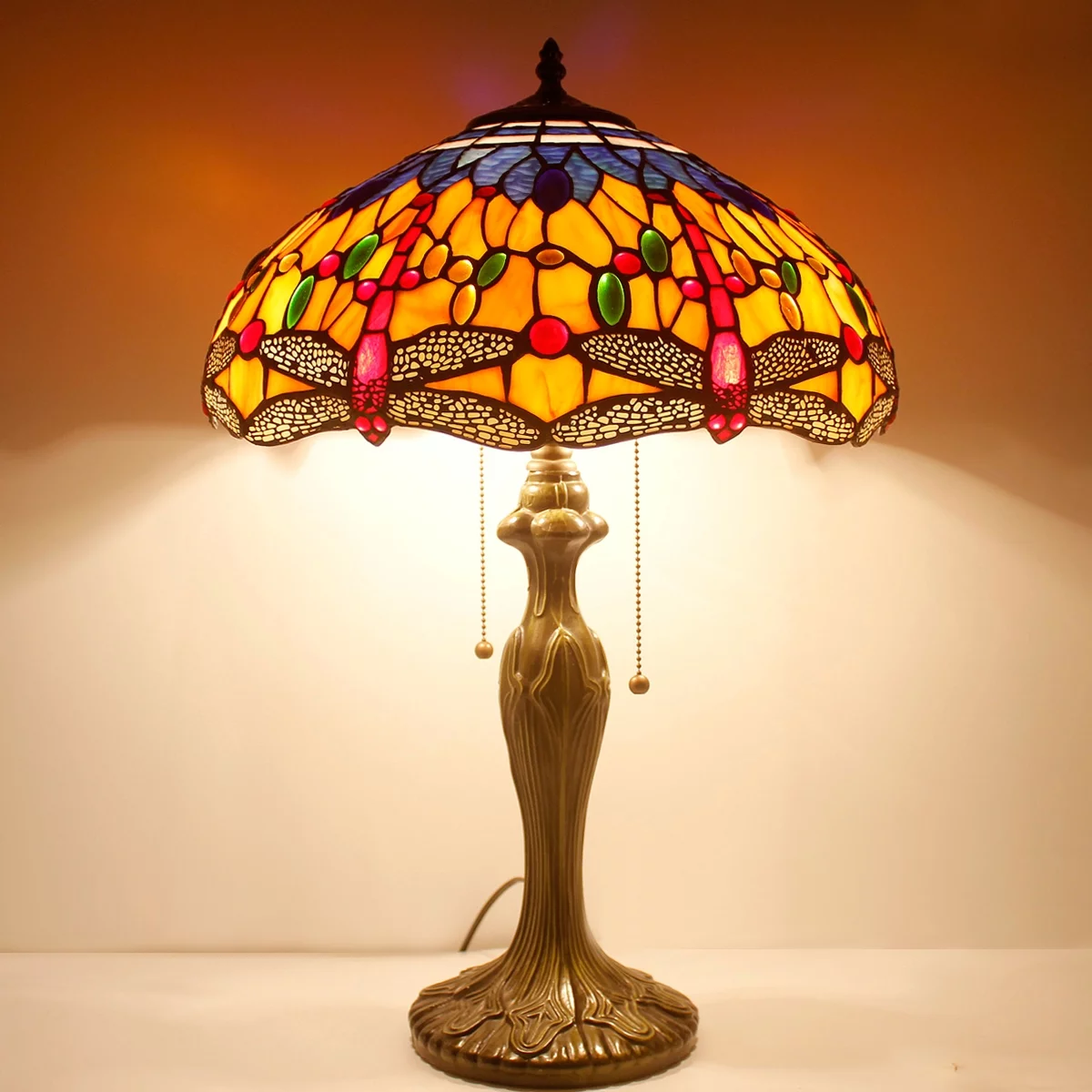 Tiffany Style Table Lamp W16H24 Inch Orange Blue Stained Glass Crystal Bead Dragonfly Shade S168 LAMPS Kids Living Room Bedroom Coffee Bar Desk