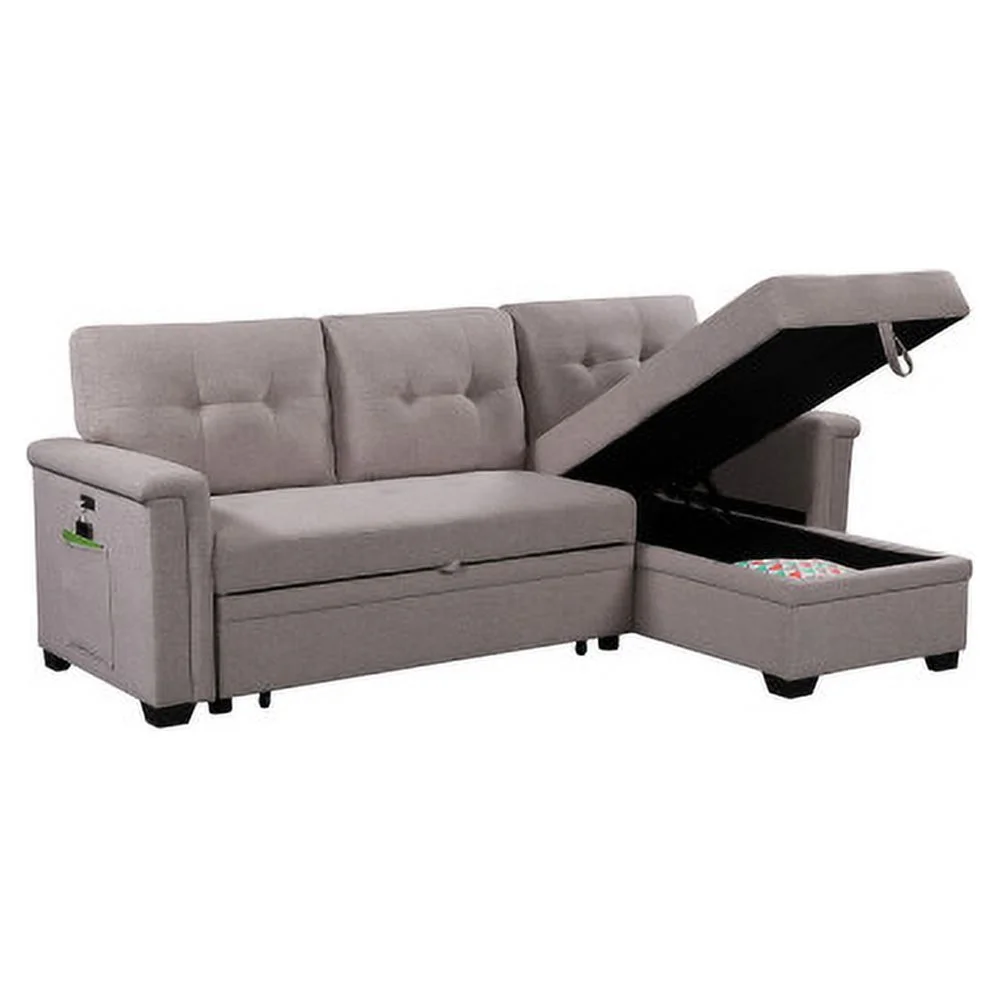 Light Gray Reversible Sleeper Sectional Sofa with Storage Chaise, USB Charging Ports and Pocket