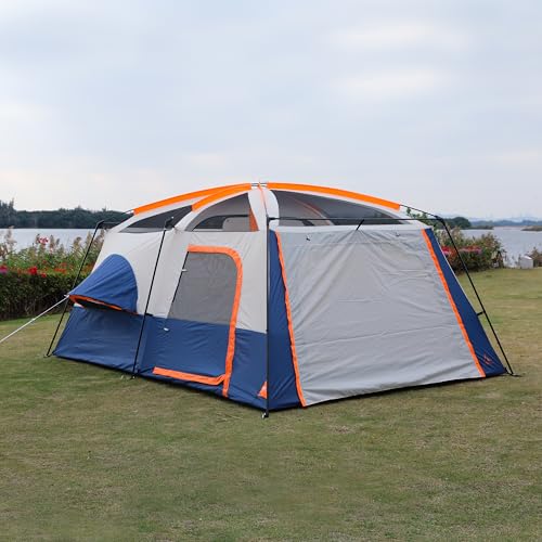 KTT Extra Large Tent 10-12-14 Person(B),Family Cabin Tents,2 Rooms,3 Doors and 3 Windows with Mesh,Straight Wall,Waterproof,Double Layer