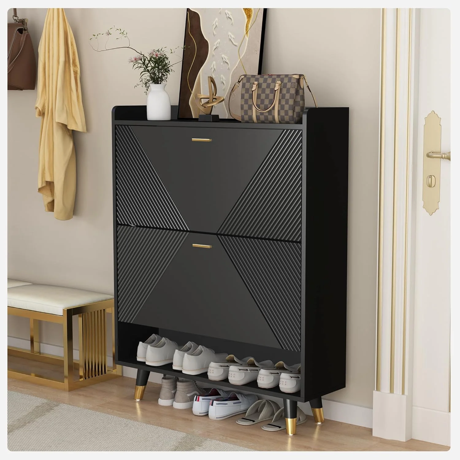 Shoe Cabinet for Entryway Slim: Hidden Shoe Storage Cabinet Black, Narrow Shoe Rack Cabinet Organizer with Doors, 2 Flip Drawer Shoe Cabinet