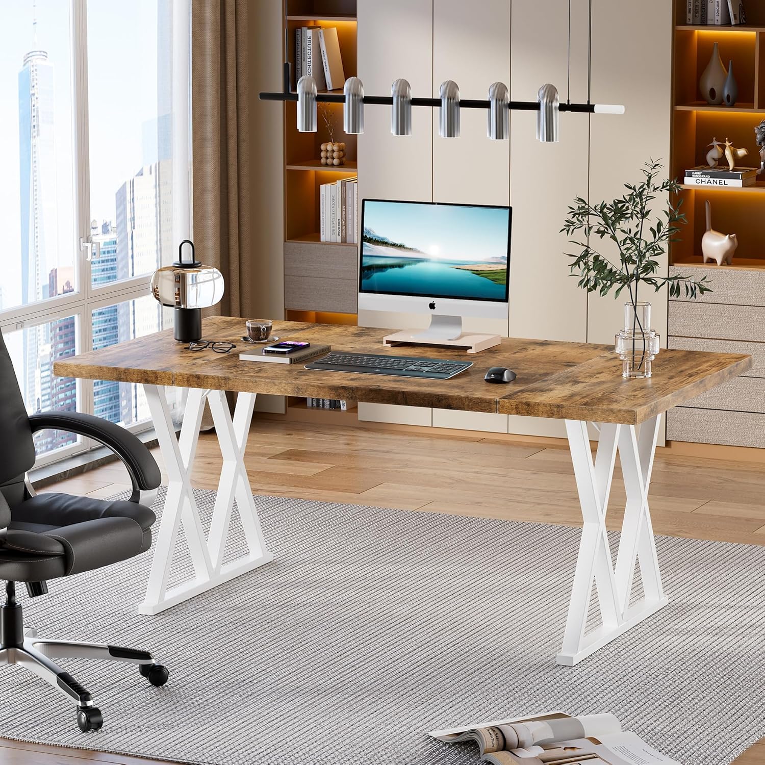 70.8 Inches Home Office Computer Desk, Large Executive Desk with X Shaped Metal Legs & Adjustable Feet