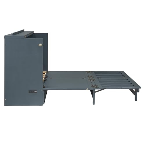Harper & Bright Designs Full Size Murphy Bed Cabinet Wall Bed, Solid Pine Murphy Bed Chest with USB Ports
