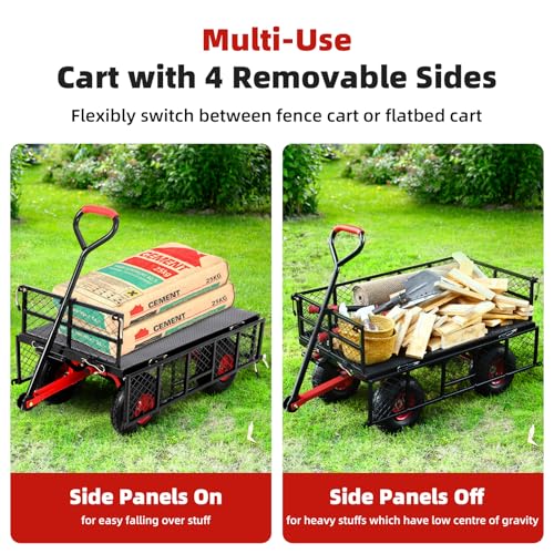 880lbs Steel Garden Dump Cart, Heavy Duty Yard Dump Utility Wagon w Removable Mesh Sides, Utility Metal Wagon w 180° Rotating Handle