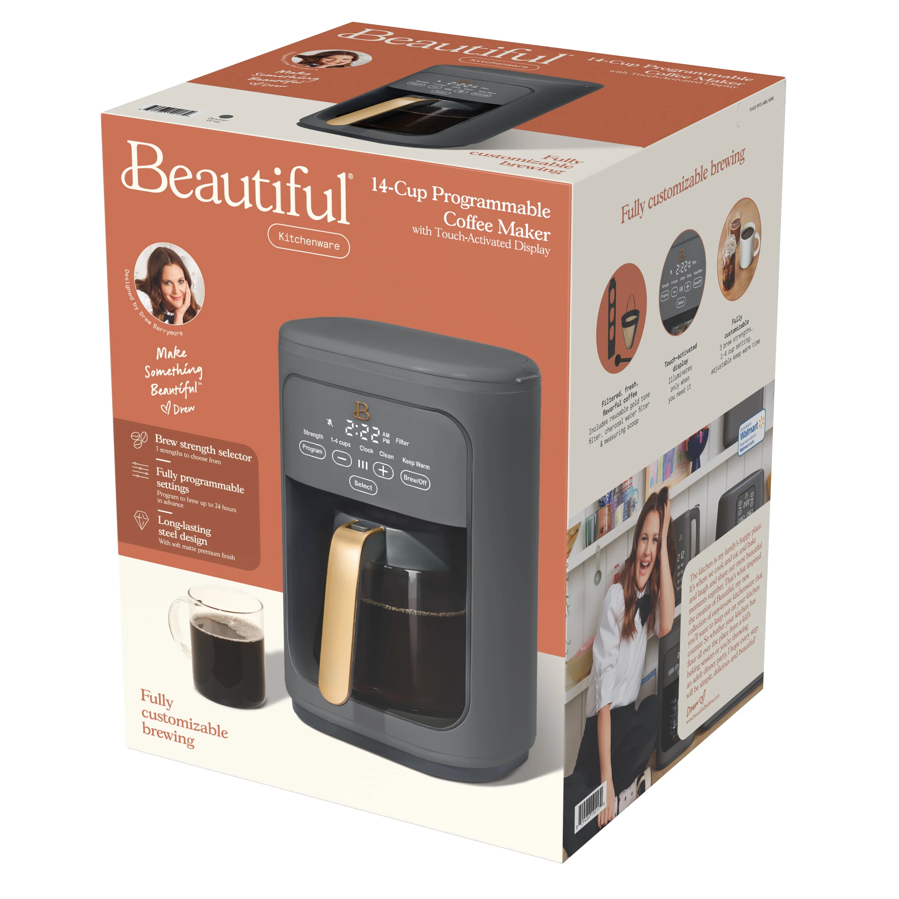 Beautiful 14-Cup Programmable Drip Coffee Maker with Touch-Activated Display, Rose by Drew Barrymore