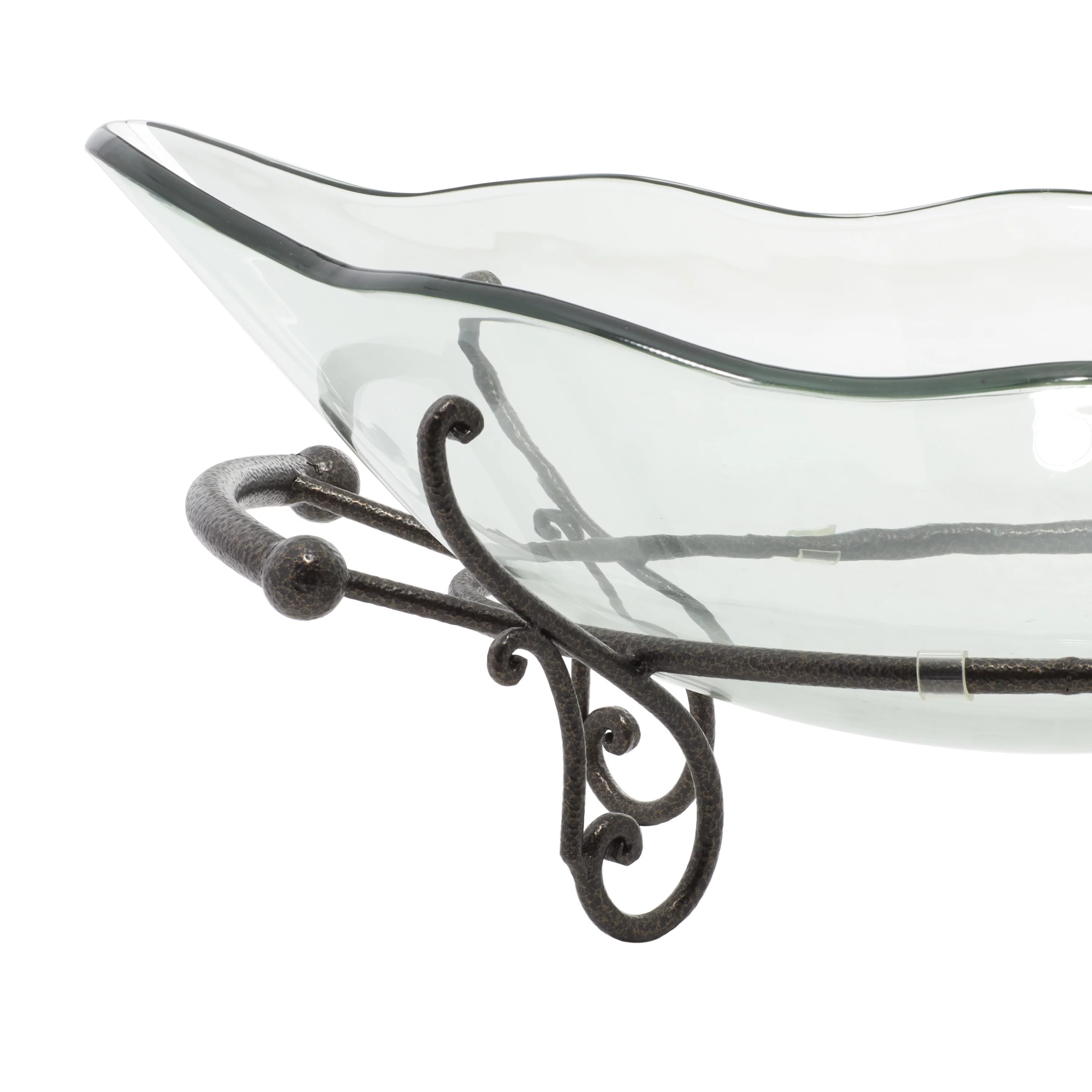 DecMode 23" x 9" Clear Tempered Glass Kitchen Serving Bowl with Brown Metal Scroll Base, 1-Piece