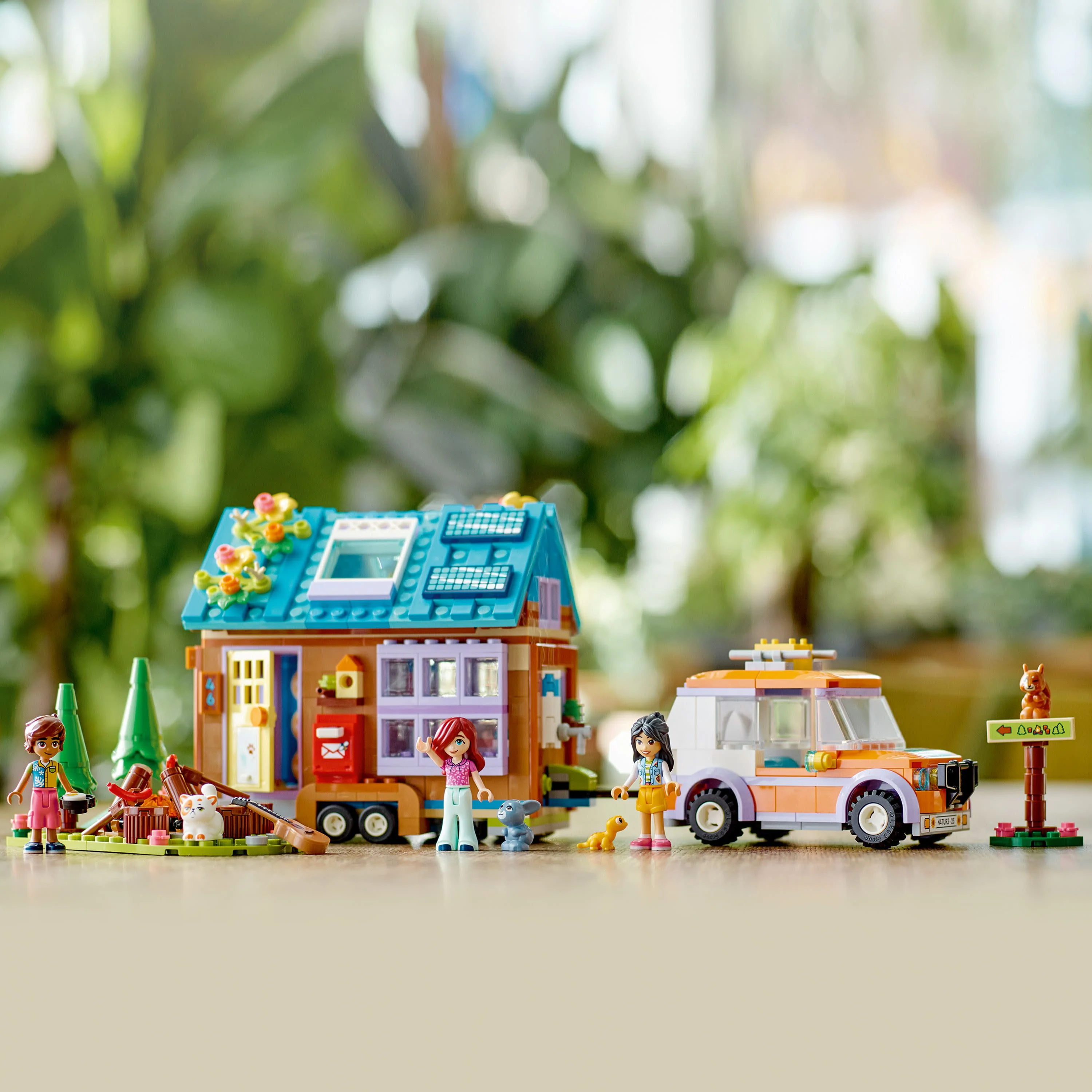 LEGO Friends Mobile Tiny House 41735, Forest Camping Dollhouse Pretend Play Set with Toy Car, Includes Leo & Liann Friendship Mini-Dolls