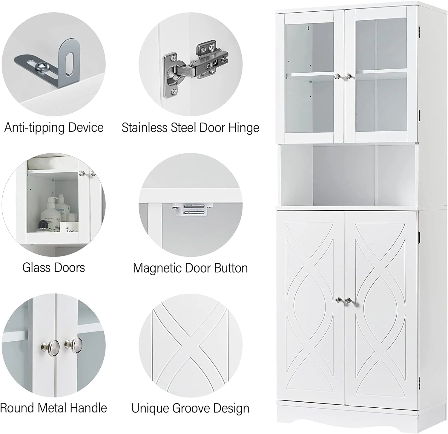 WANHUI, White Bathroom Storage Cabinet with Glass Doors, Open Bookcase, Pantry Cupboard, Adjustable Shelves
