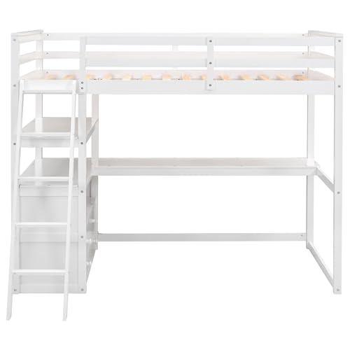 Harper & Bright Designs Twin Size Loft Bed with Wardrobe, Desk and Multiple Storage Shelves, Solid Wood Loft Bed Frame with Bookshelf
