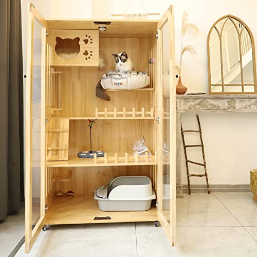 Laifug Catio Indoor Cat Enclosure Large Cat House for Mulitiple Cats, with Scratching Post and Lockable Wheels Double Layer with Escape Door