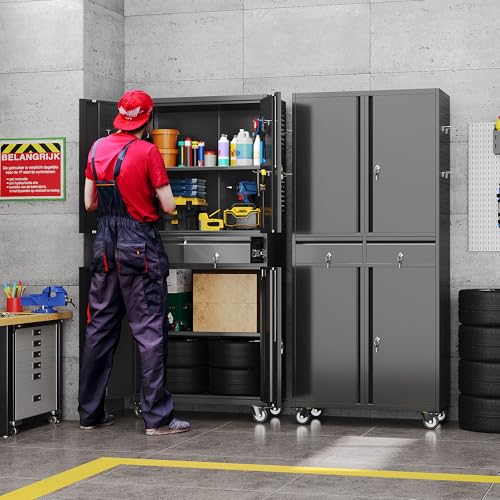 Aobabo 71" H×32" W×16" D Metal Storage Cabinet with Wheels, Garage Steel Storage Cabinet with 5 Adjustable Shelves and 4 Hooks for Home Office