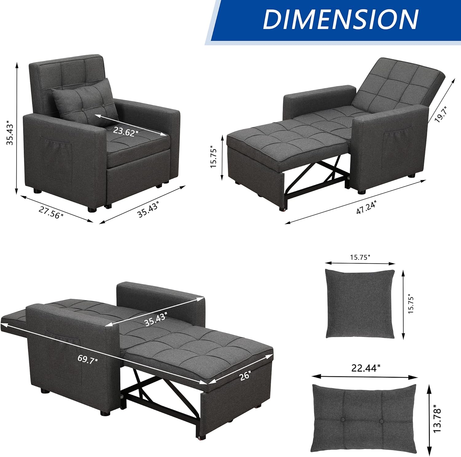Convertible Chair Bed 3-in-1,Folding Sleeper Chair Bed, Multi-Functional Adjustable Recliner for Apartment, Living Room, Sofa, Bed