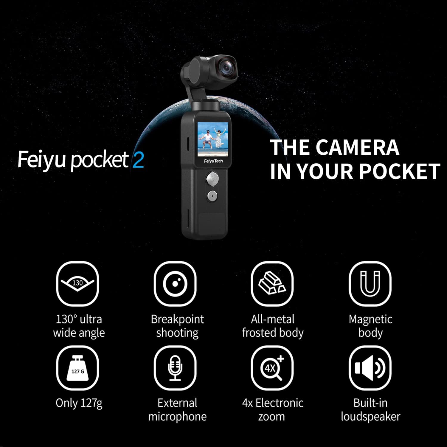 Feiyu Pocket 2-Light Handheld 3-Axis Gimbal Stabilized 4K Video Action Camera,130° View,Magnetic AL. Alloy Boby with Mic Speaker,4xZoom,12MP Photo