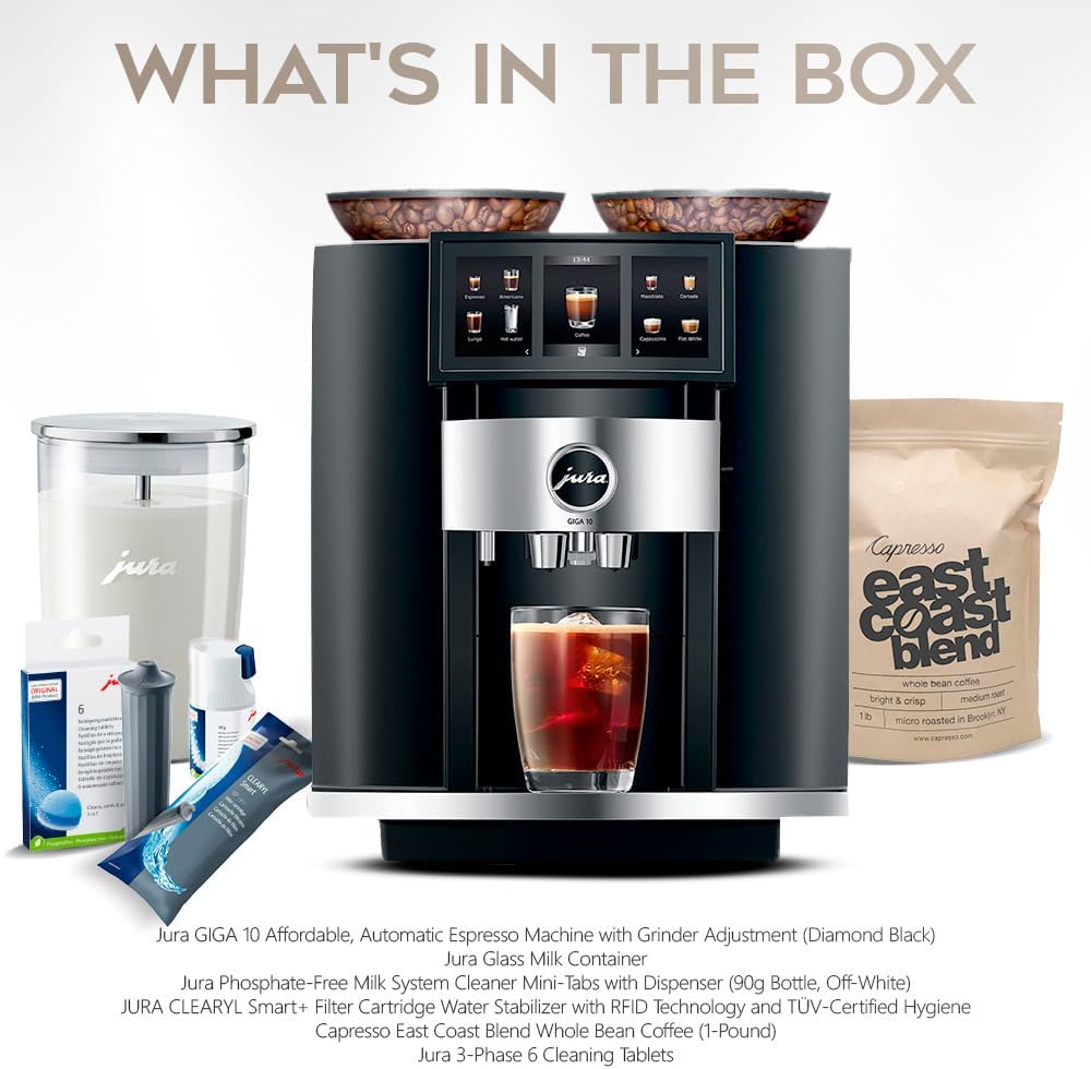Jura GIGA 10 Automatic Espresso Machine (Diamond Black) Bundle with Water Stabilizer, Milk System Cleaner Mini-Tabs, Cleaning Tablets