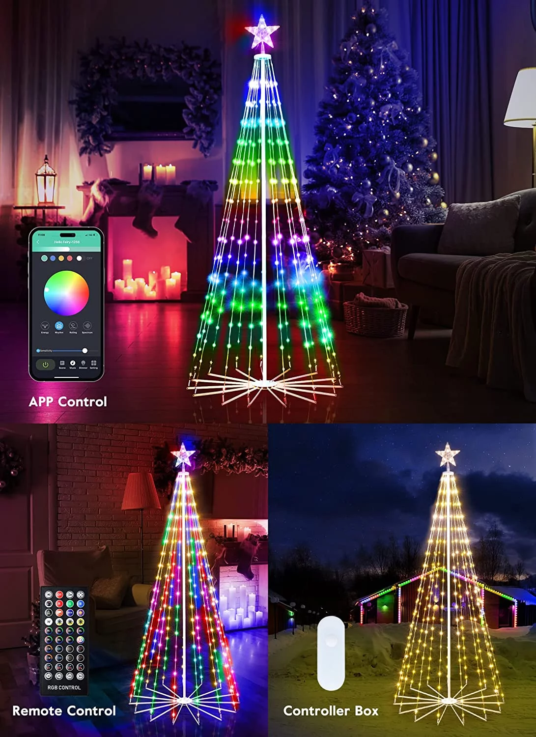 Brightown Smart Christmas Cone Tree LED Light, 6ft 265 LED Music Sync with Remote APP, Local Control, Pattern and Text Displayable