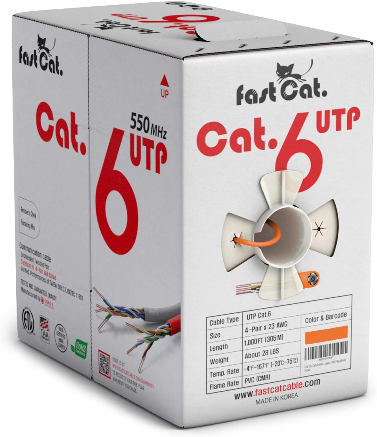 fast Cat. Cat6 Ethernet Cable 1000ft - 23 AWG, CMR, Insulated Solid Bare Copper Wire Internet Cable with Noise Reducing Cross Separator