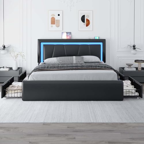Full Size Bed Frame with 4 Storage Drawers and LED Lights, Upholstered Platform Bed with Adjustable Headboard and Charging Station