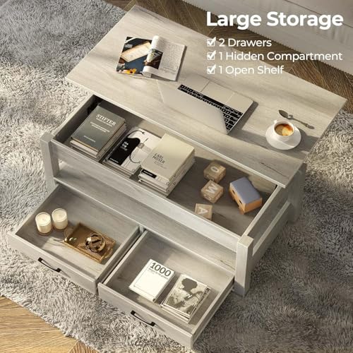 Rolanstar Coffee Table, Lift Top Coffee Table with Drawers and Hidden Compartment, Retro Central Table with Wooden Lift Tabletop, for Living Room