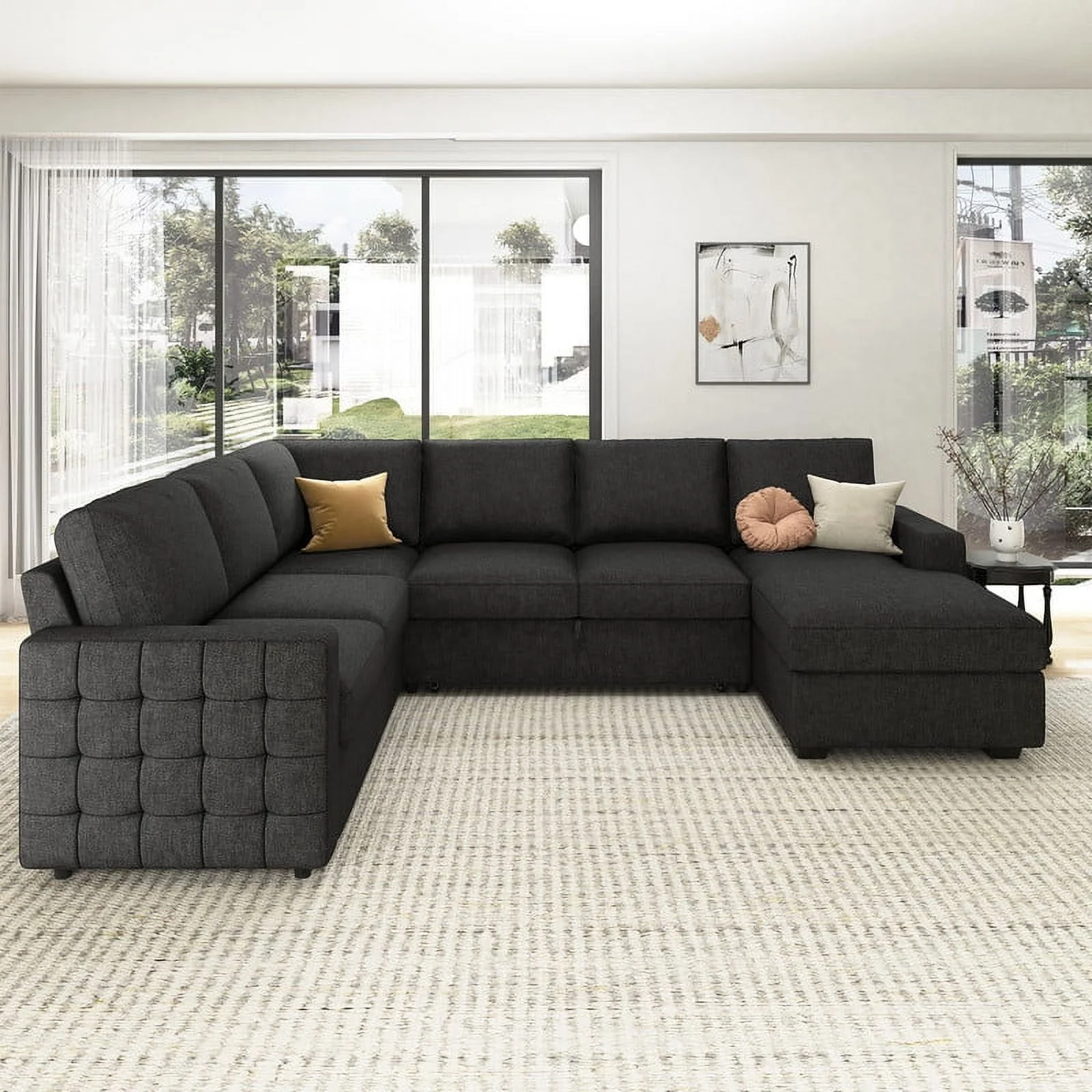 HONBAY Modern Convertible Sleeper Sectional Sofa Couch with Pull-out Bed and Storage Chaise, Dark Grey - Curated Treasures Market