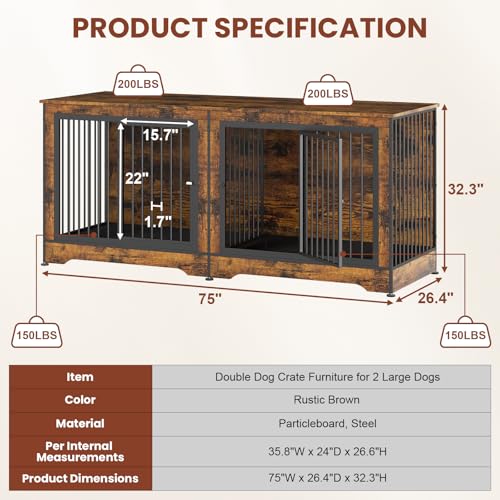 3-in-1 75 Inch Double Dog Crate Furniture for 2 Large Dogs Durable Rustic Brown TV Stand Dog Crate with Trays and Divider