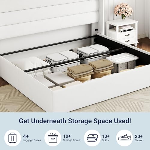 Allewie Full Size Lift Up Storage Bed, Modern Wingback Headboard, Hydraulic Support, No Box Spring Needed, Light Beige