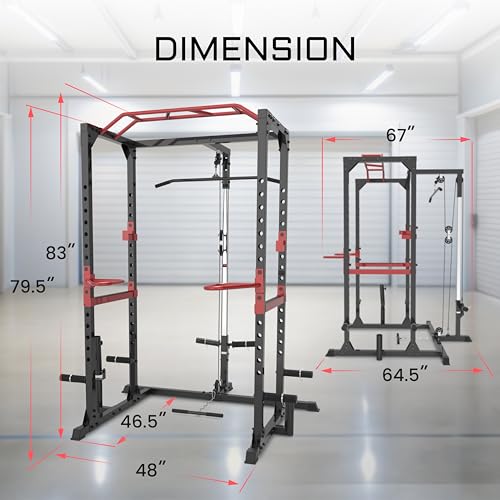 Fitness Reality Power Cage Squat Rack with Optional LAT Pulldown, Cable Crossover, 800 lb Capacity, Multi-Grip Pull-Up Bar, Adjustable Safety Bars