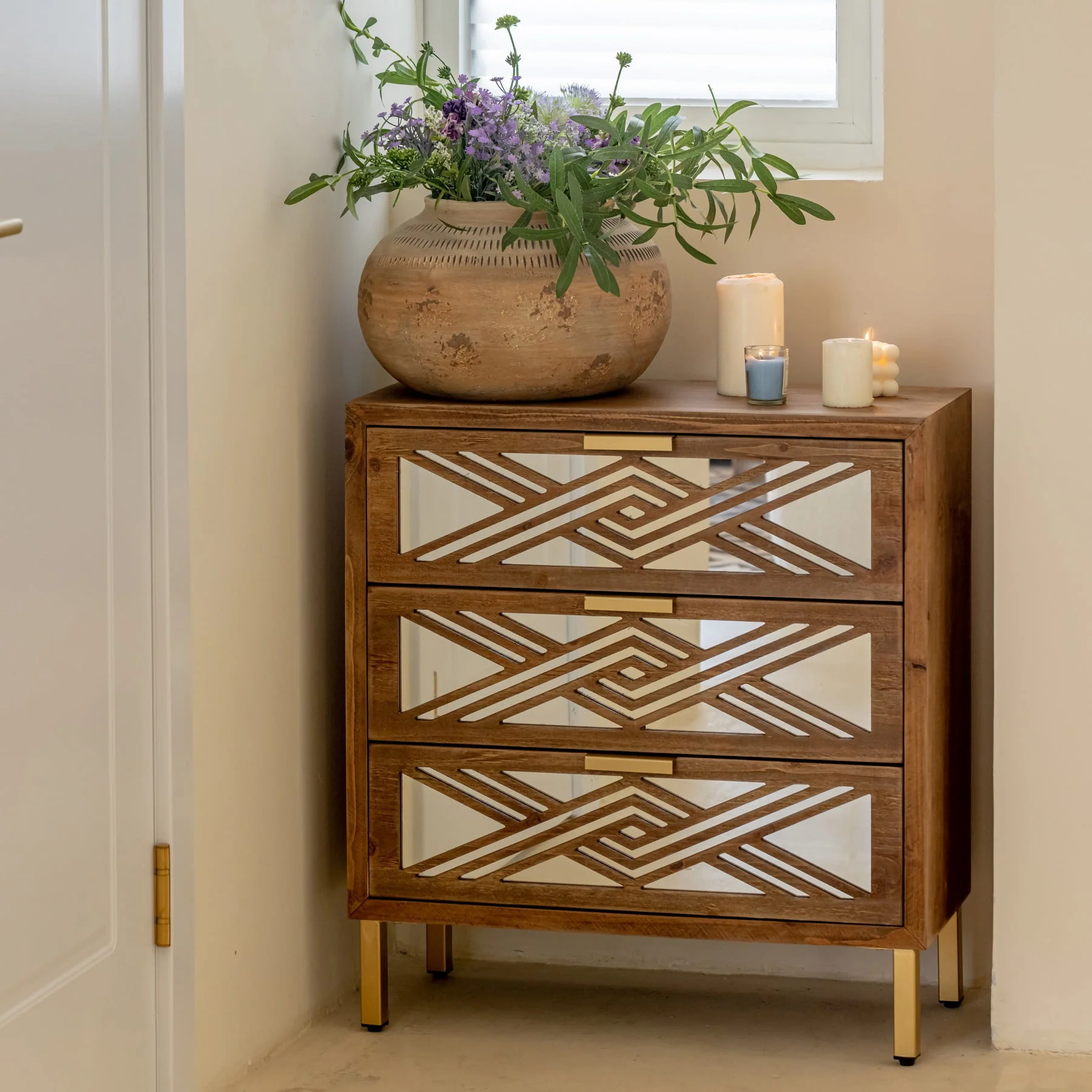 COZAYH  2-Door Accent Cabinet Modern Mirror Fronts Clean-Lined Silhouette, Natural