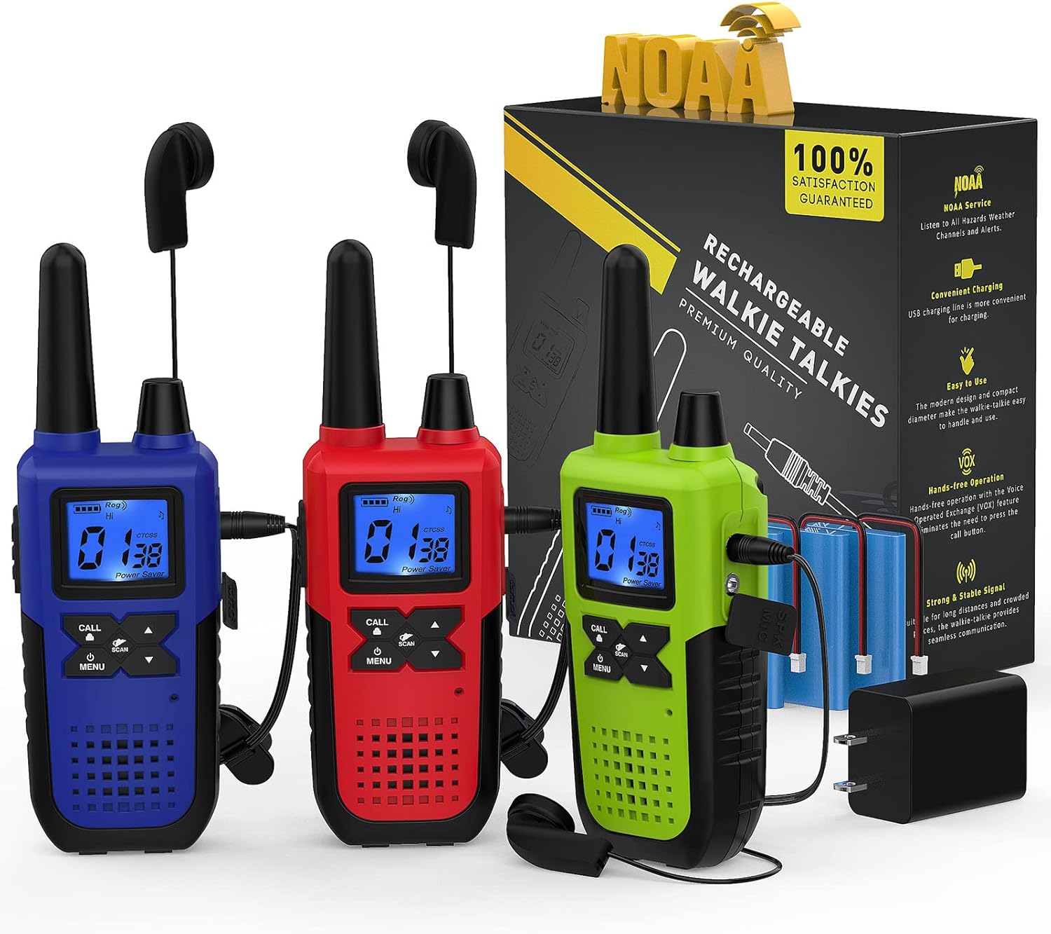 4 Long Range Walkie Talkies Rechargeable for Adults - NOAA 2 Way Radios Walkie Talkies 4 Pack