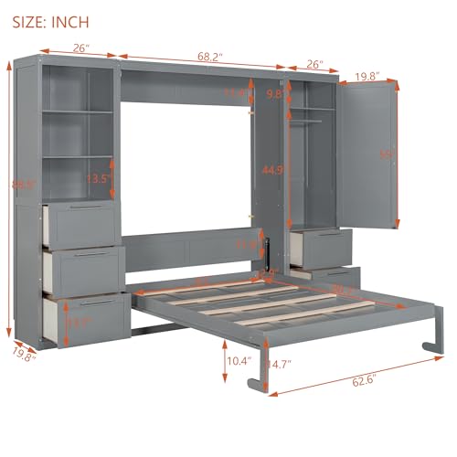 Merax Murphy Bed Queen Size, Built-in Shelves, Storage Drawers and Wardrobe, Wood Folding Wall Bedframe for Guest Room, Home Office, Grey