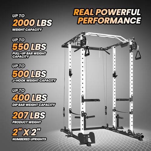 GaveeLife Power Cage, 2000 LBS Power Rack with Cable Cross-Over System, Multi-Functional Strength Training Squat Rack with LAT Pull Down System