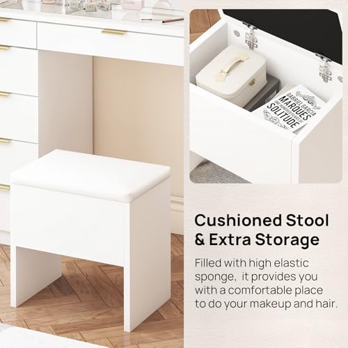 Farmhouse Vanity Desk with Sliding Lighted Mirror & Stool, Vanity Dresser Combo, Large Makeup Vanity with 8 Storage Shelves, 5 Drawers