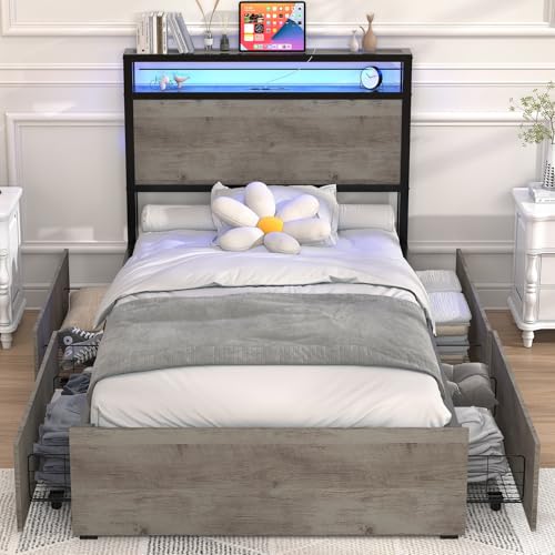 Queen Size Bed Frame with 4 Storage Drawers, LED Platform Bed with Headboard, Built in Charging Station, Noise Free, Stable and Solid