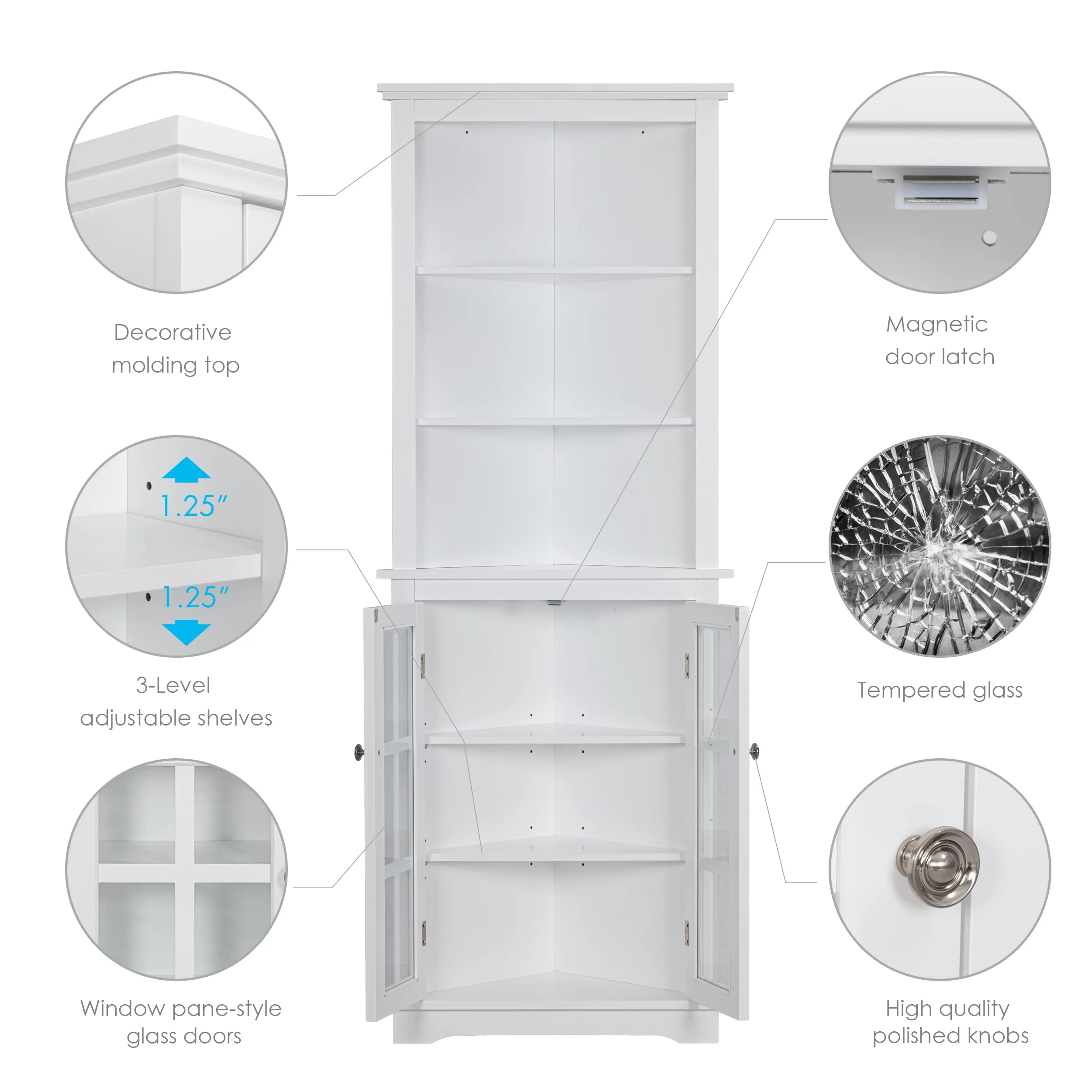 Spirich Home Bathroom Tall Corner Storage Cabinet, Floor Slim Display Storage Cabinet with Glass Doors and Adjustable Shelves for Bathroom, Kitchen