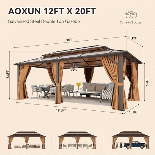 Aoxun 12'x16' Hardtop Gazebo, Aluminum Frame Permanent Pavilion with Netting and Curtains, Outdoor Polycarbonate Double Roof Canopy