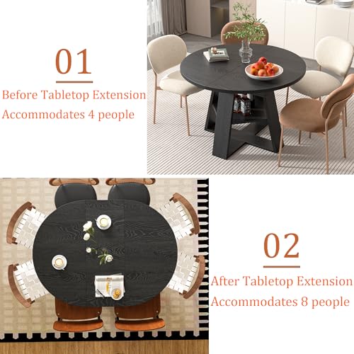 43.3in-59in Extendable Round Dining Table for 4-8,Modern Kitchen Oval Dining Table with Removable Leaves Space Saving