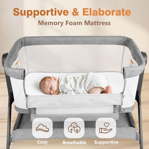 3-in-1 Baby Bassinet, Bedside Bassinet Sleeper, Rocking Bassinet with Comfy Mattress&Breathable Mesh, 6-Height Adjustable