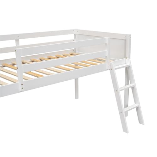 Full Size Loft Bed with L-Shaped Desk, Wardrobe and Storage Shelves, Solid Wood Bedframe w/Safety Guardrails & Ladder for Kids Teens Adults