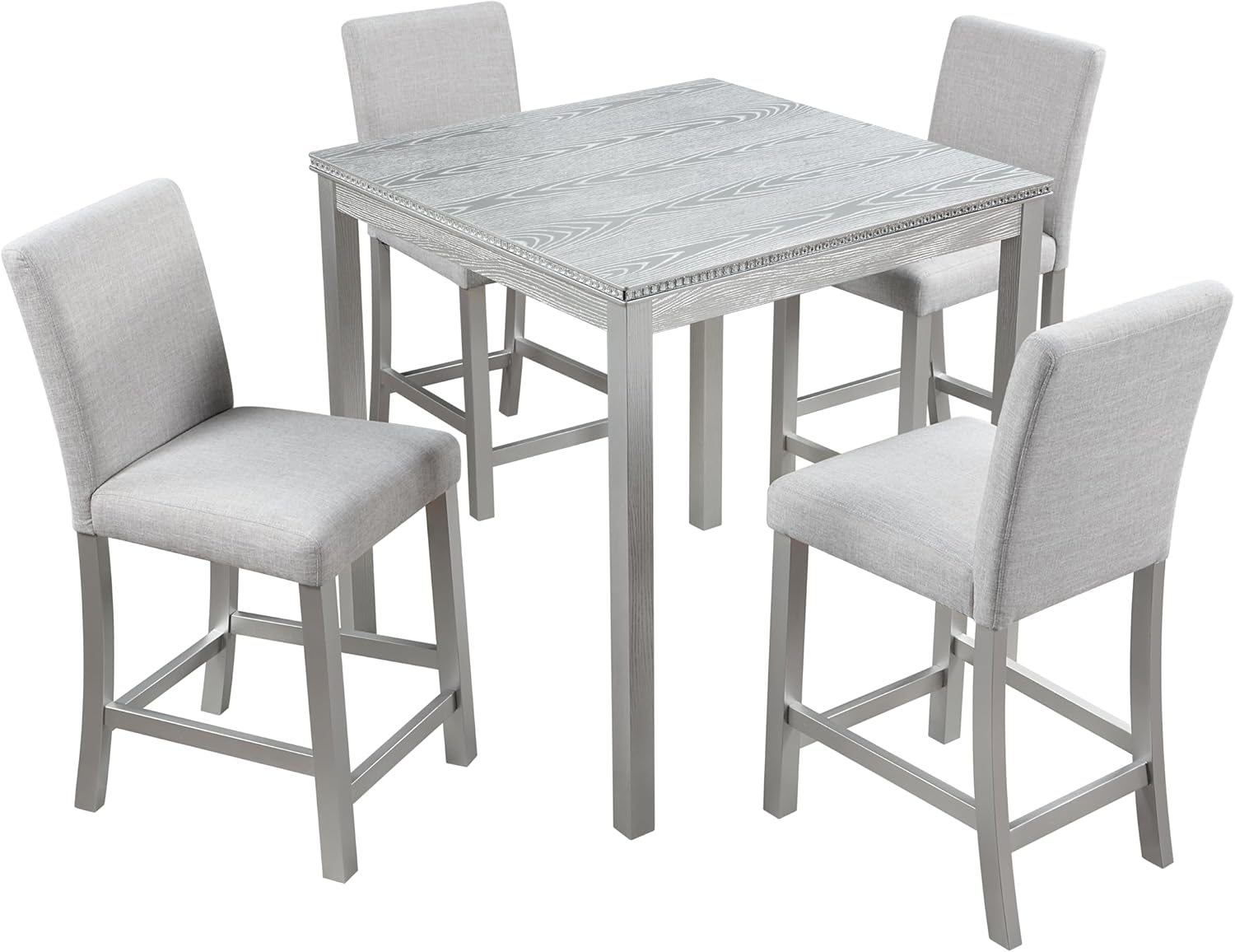 5-Piece Acacia Wood Counter Height Dining Table Set, 34.50'' Square Dining Table and 4 Upholstered-Seat Chairs