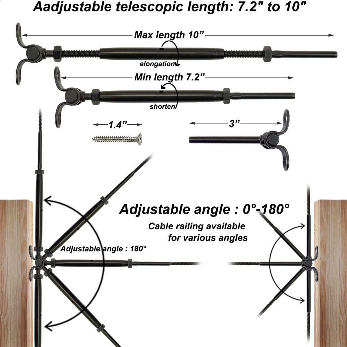 Toukioo Black Cable Railing Hardware Kit, for 1/8 Stainless Steel Cable Railing System for Wood Posts, Swage Toggle Turnbuckle 10 Pairs